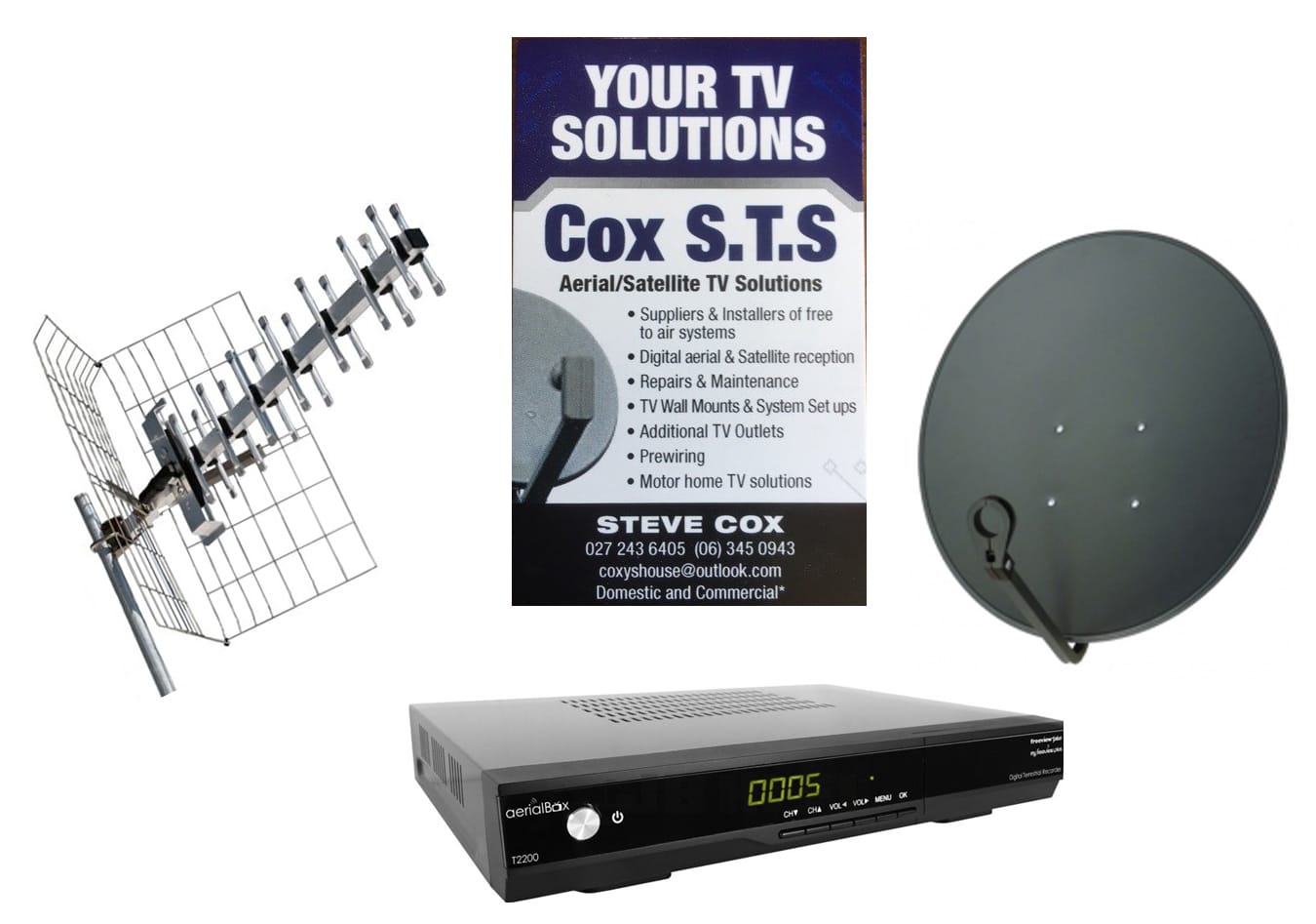 UHF aerial, satellite dish, Freeview decoder and the Cox S.T.S aerial and satellite TV solutions business card